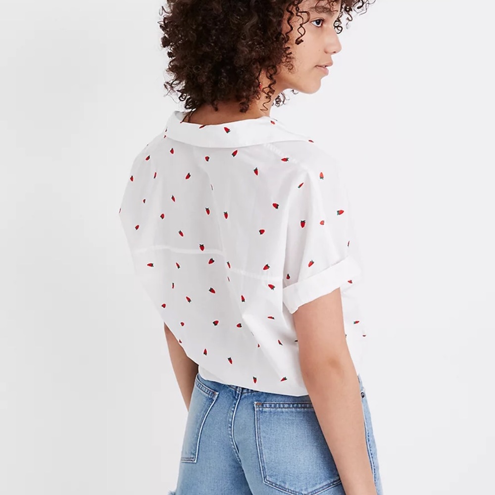 Madewell Embroidered Short-Sleeve Tie-Front Shirt Strawberry Print Size M - Picture 5 of 11
